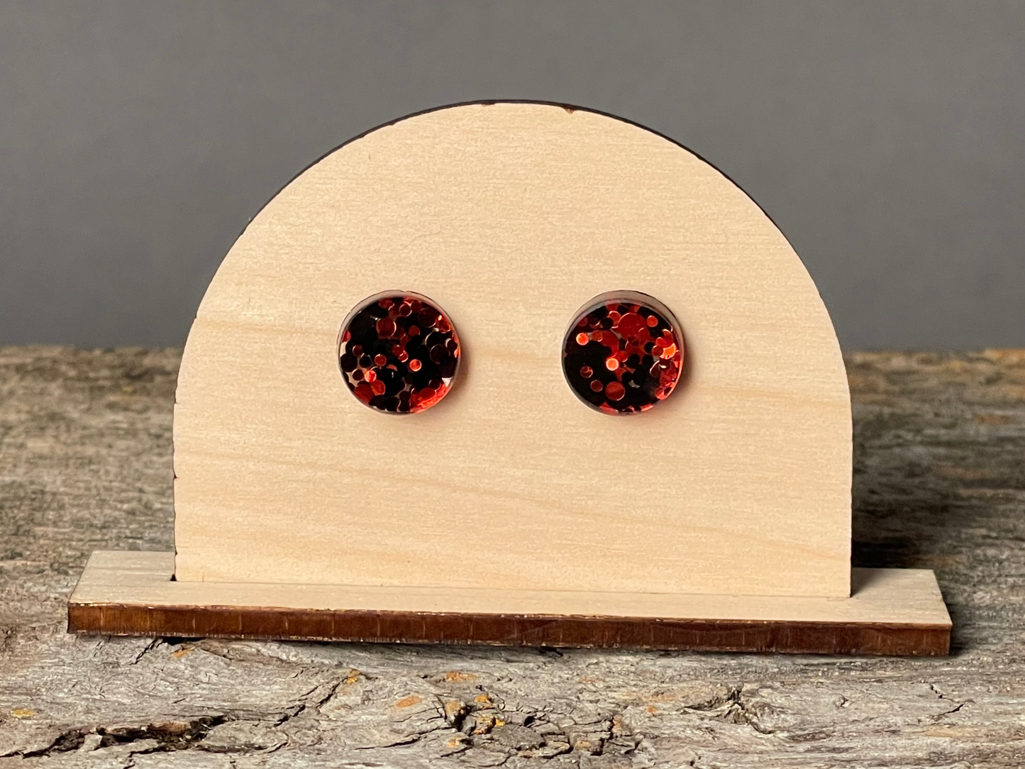 Black and Red Glitter Stud Earrings