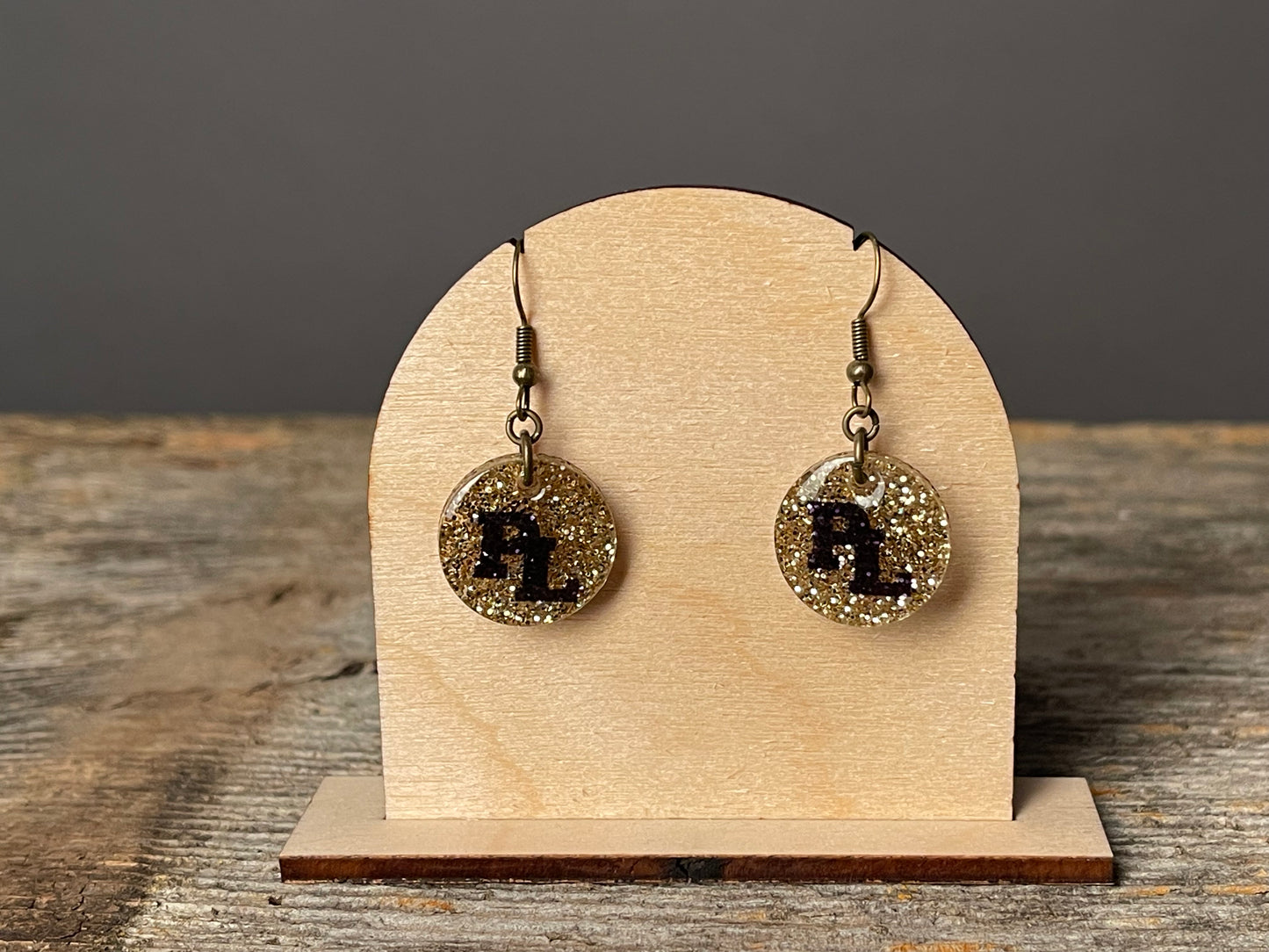Prior Lake Gold Glitter with PL Circle dangle earrings