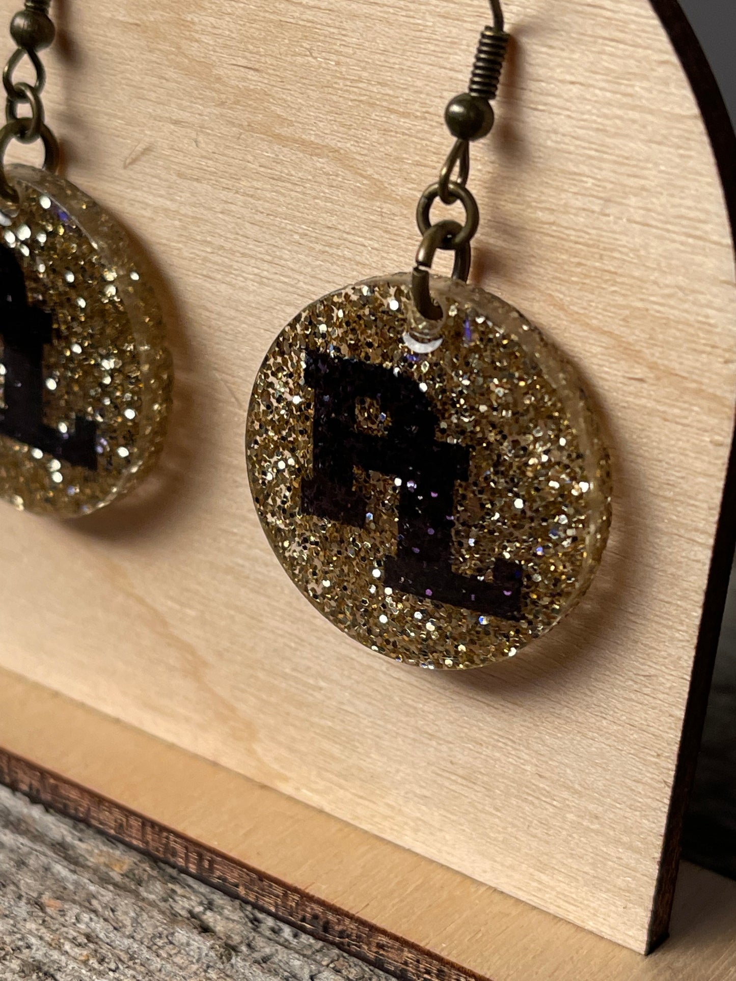Prior Lake Gold Glitter with PL Circle dangle earrings