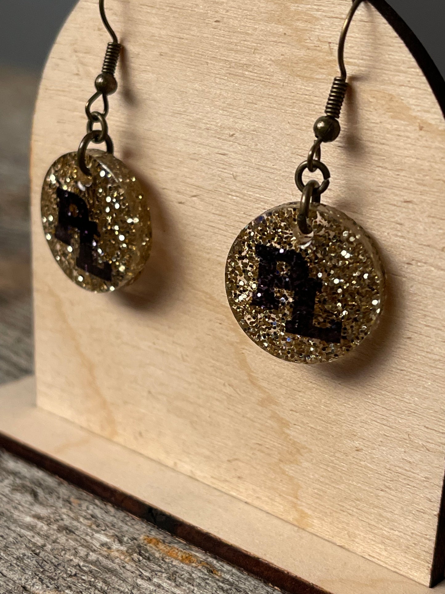 Prior Lake Gold Glitter with PL Circle dangle earrings