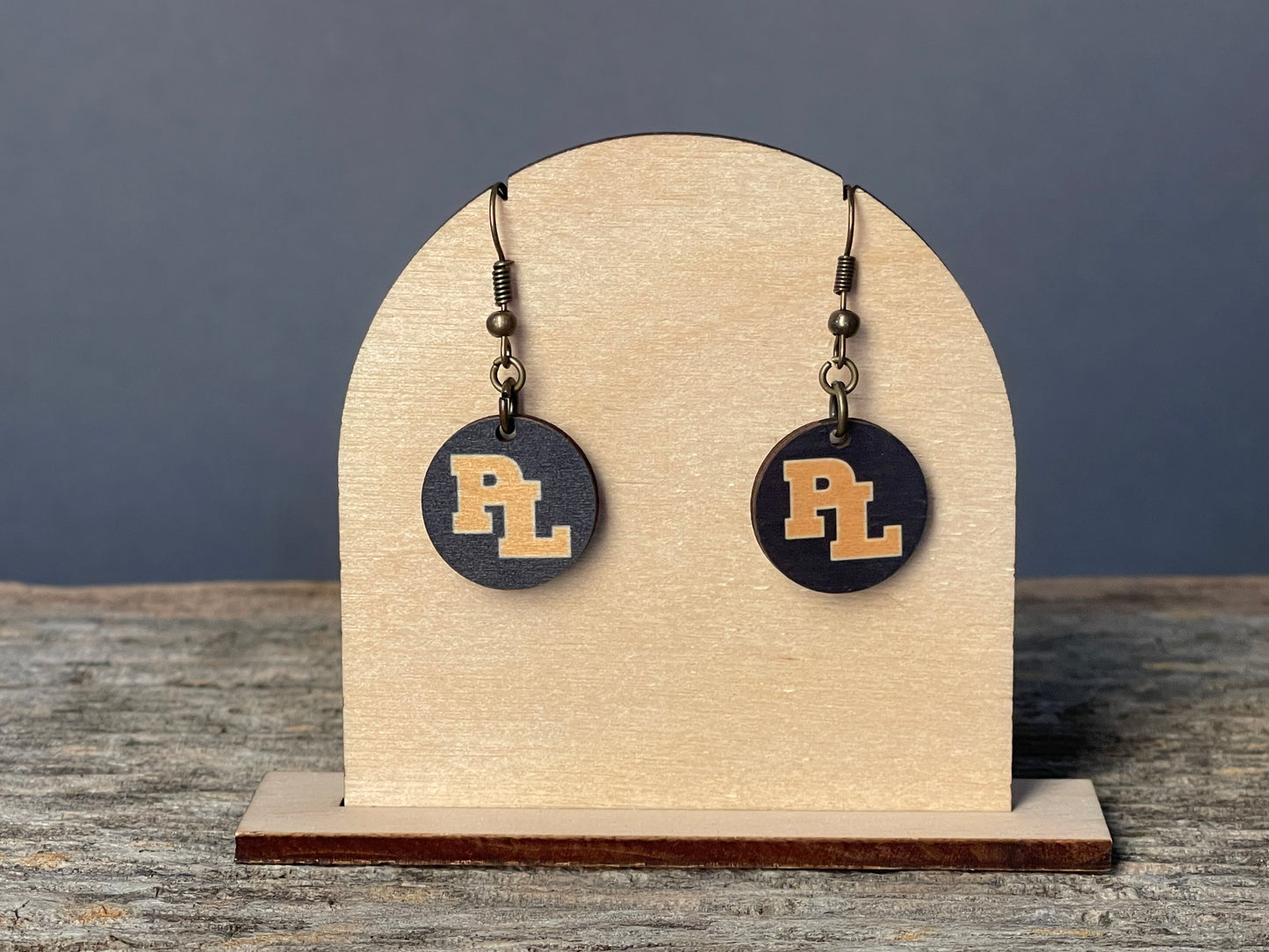 Prior Lake Yellow PL on Navy Circle dangle earrings