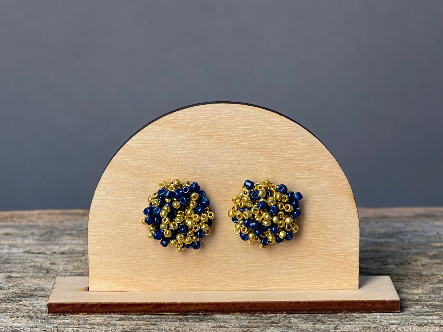 Navy and Gold Seed Bead Pom-Pom Stud