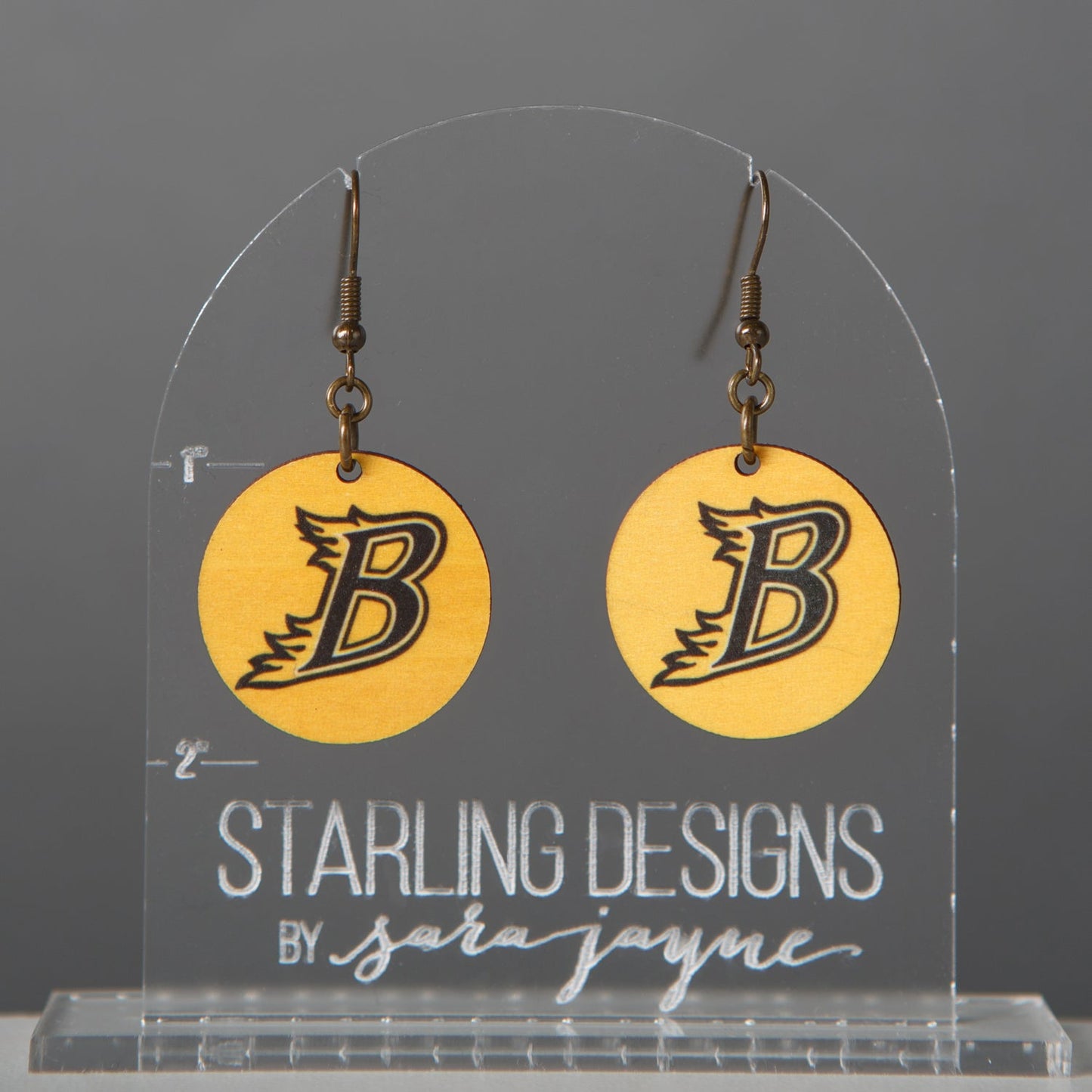 Burnsville Blaze "B" Yellow Circle dangle earrings