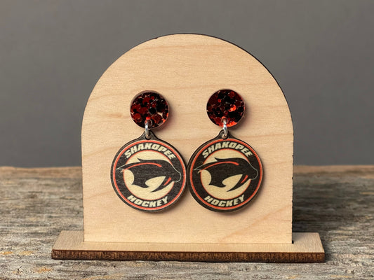 Shakopee Red Glitter Hockey Dangle earrings