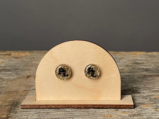 Prior Lake Gold Glitter PL stud earrings