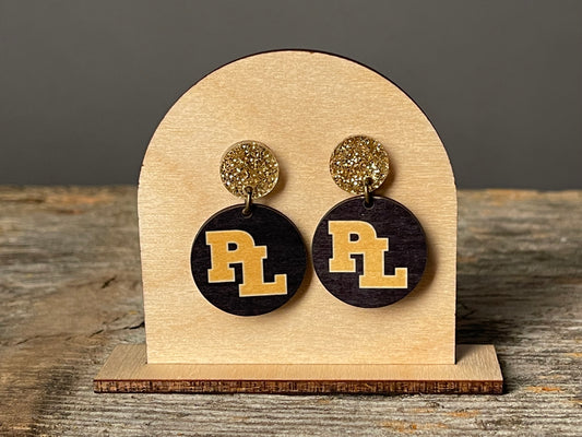 Prior Lake Gold Glitter Stud with Blue Wood Dangle earrings