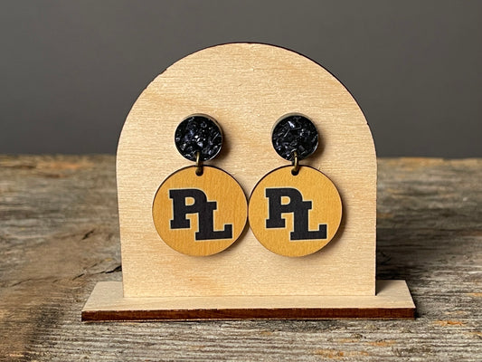 Prior Lake Blue Glitter Stud with Yellow Wood Dangle earrings