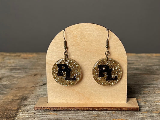 Prior Lake Gold Glitter with PL Circle dangle earrings