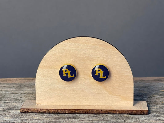 Prior Lake Yellow PL on Navy Acrylic stud earrings
