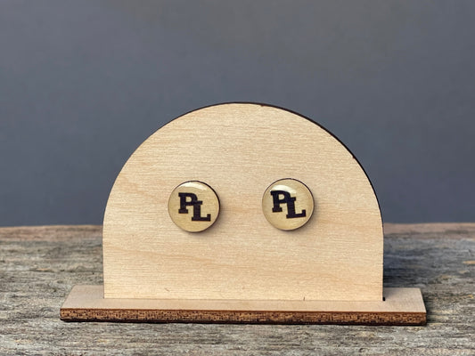 Prior Lake Navy PL on Wood stud earrings