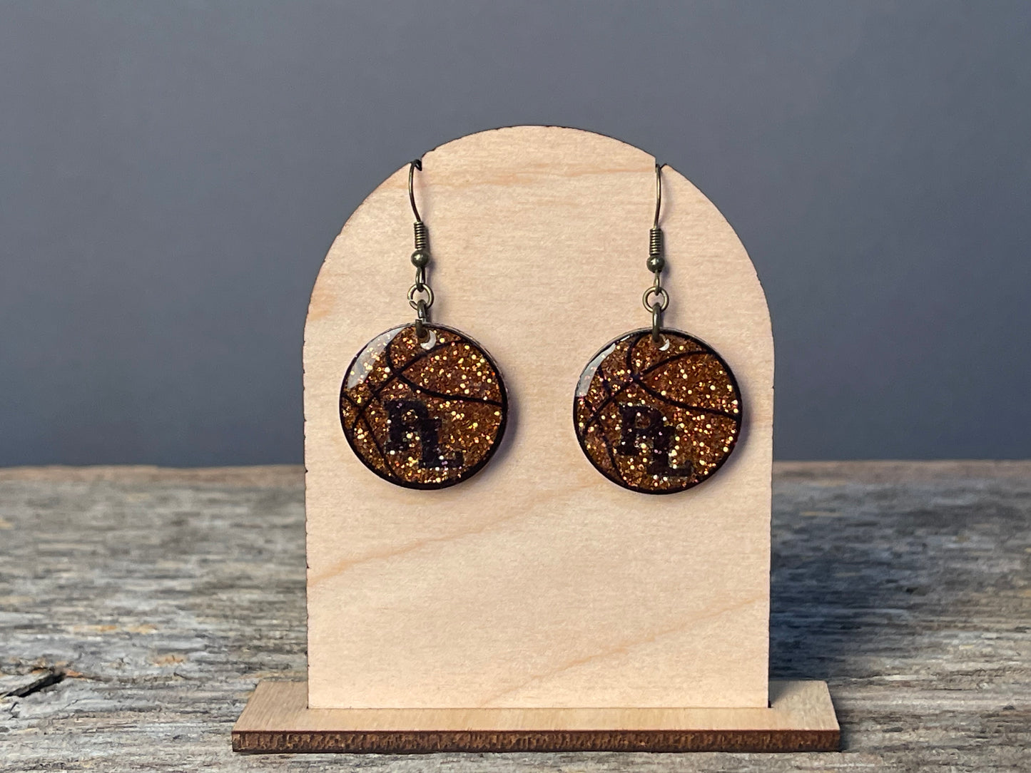 Prior Lake Basketball Glitter with PL Circle dangle earrings