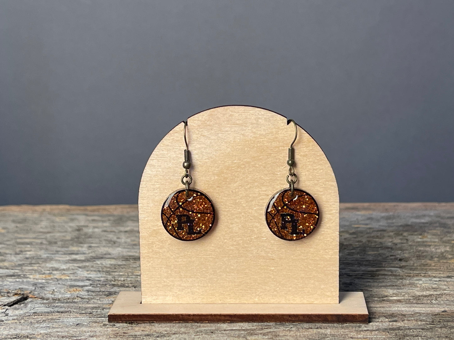 Prior Lake Basketball Glitter with PL Circle dangle earrings