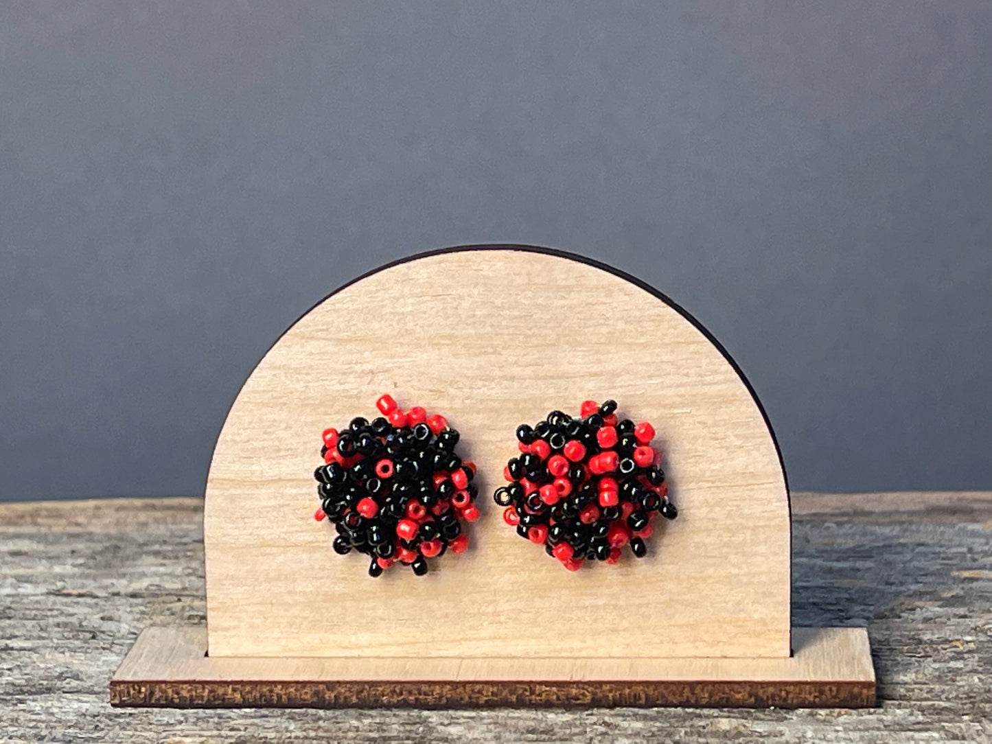Black and Red Seed Bead Pom-Pom Stud