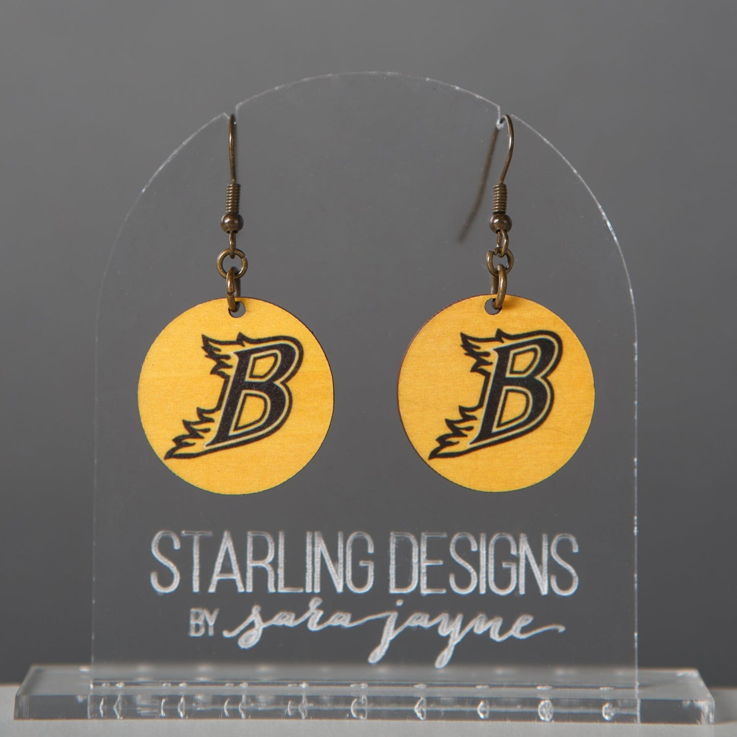 Burnsville Blaze "B" Yellow Circle dangle earrings