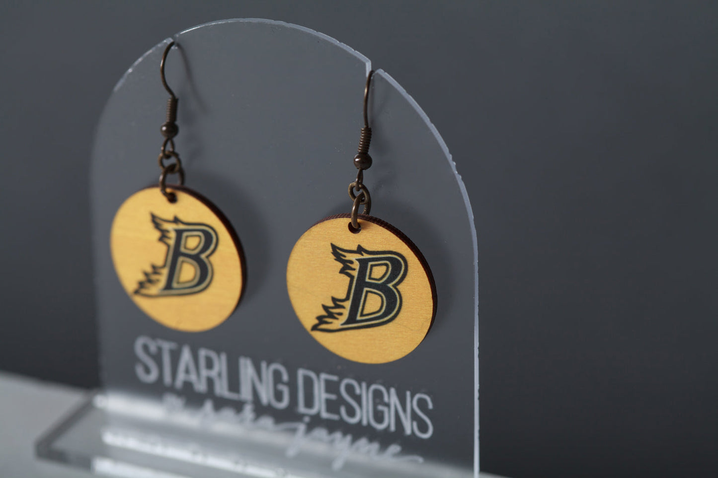 Burnsville Blaze "B" Yellow Circle dangle earrings