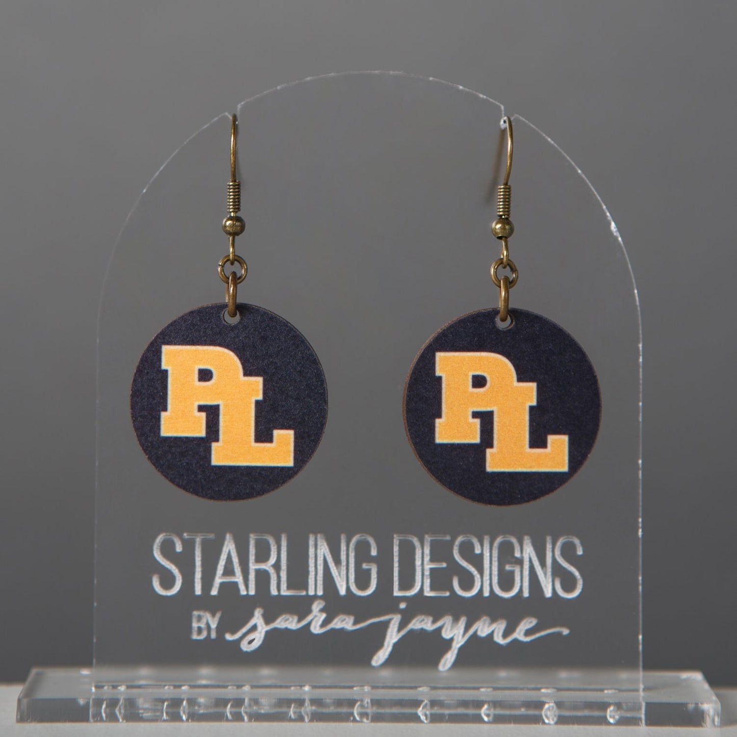 Prior Lake Yellow PL on Navy Circle dangle earrings
