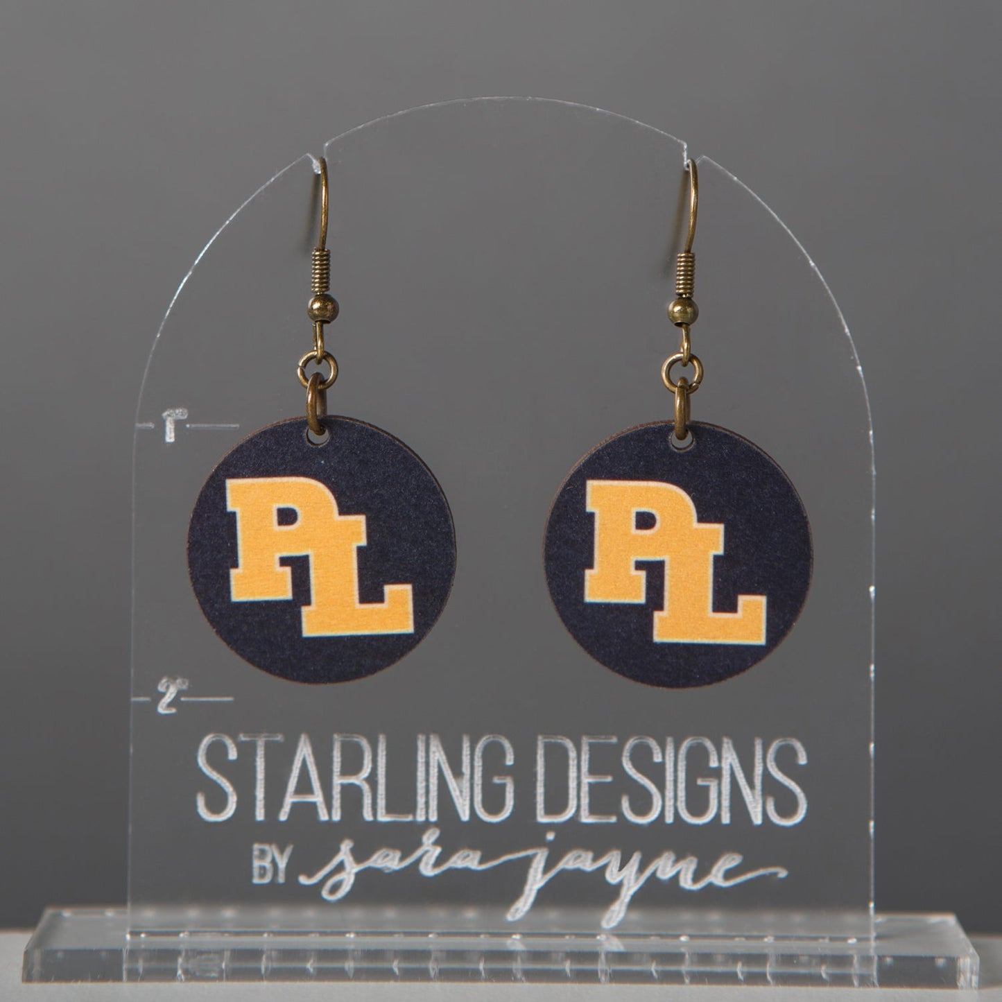 Prior Lake Yellow PL on Navy Circle dangle earrings