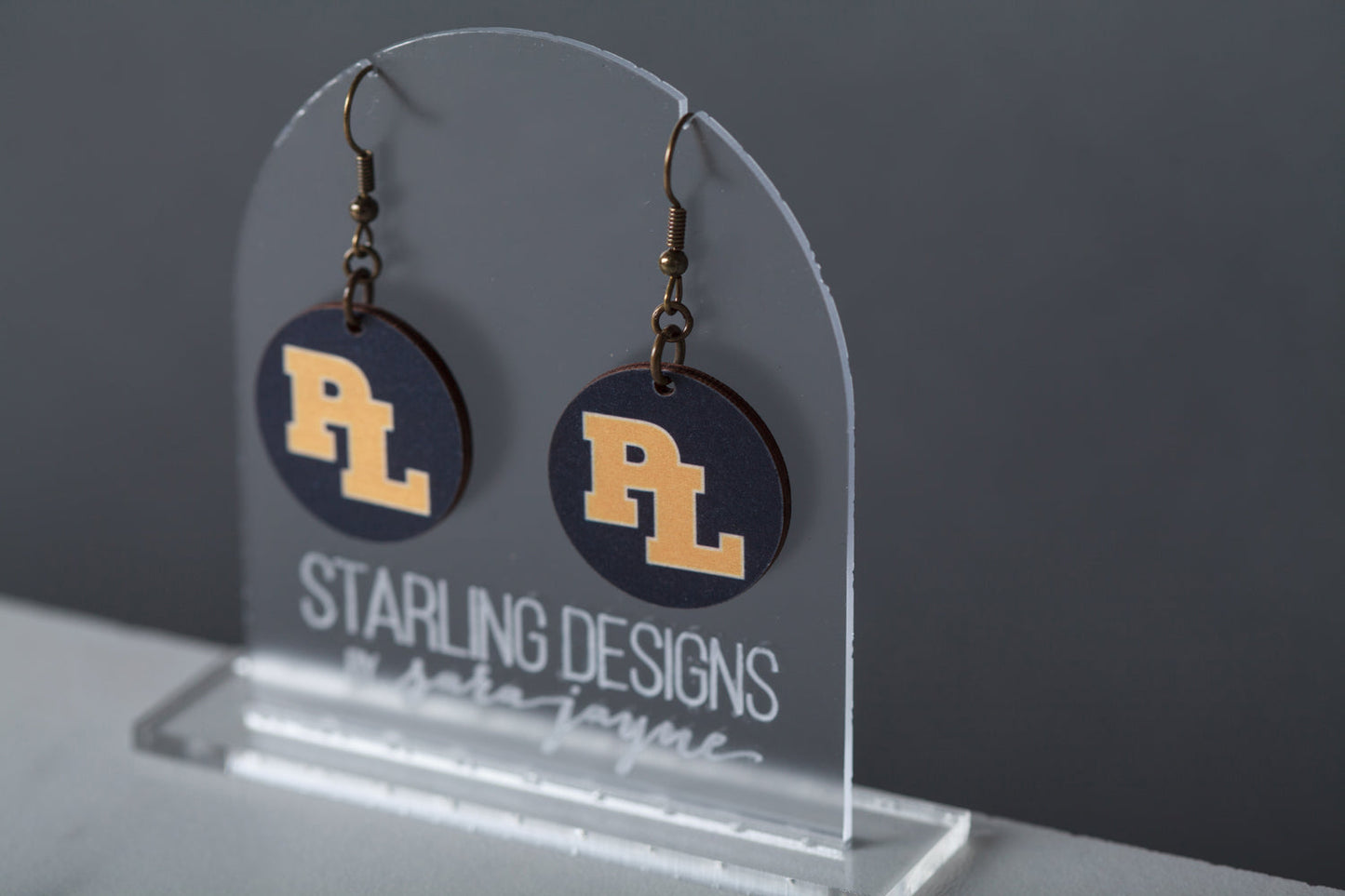 Prior Lake Yellow PL on Navy Circle dangle earrings